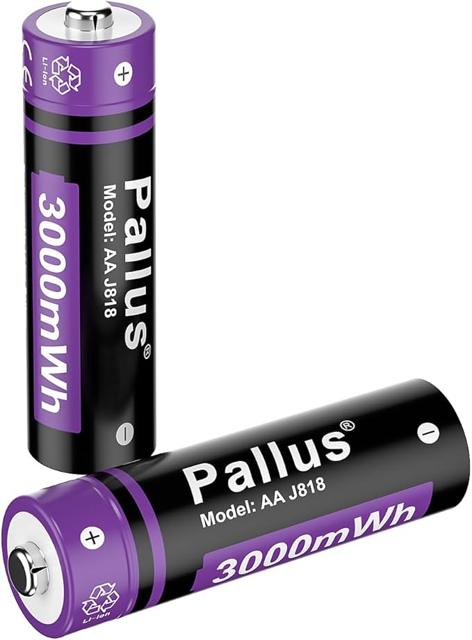Pallus Rechargeable Lithium AA Batteries - 2 Pack Long Lasting Li-ion Double A Batteries, 3000mWh High Capacity AA Rechargeable Lithium Batteries, Cycles 1600x, Ideal for High-Drain Devices