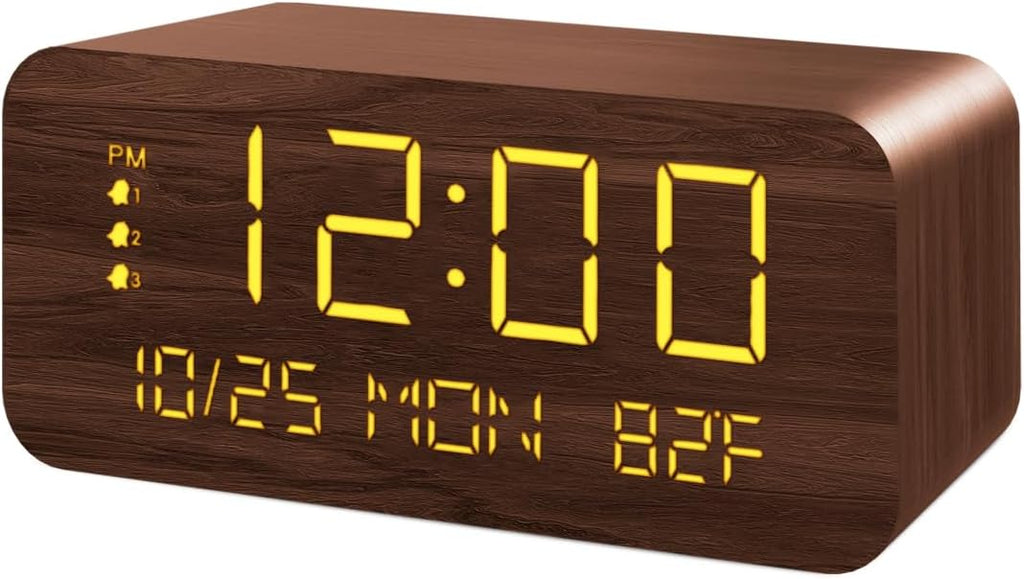 Digital Alarm Clock, with Wooden Electronic LED Time Display, 3 Alarm Settings, 10W Wireless charging, Day of the week, Temperature Detect, Wood Made Digital Clocks for Office, Bedroom, Bedside, Brown