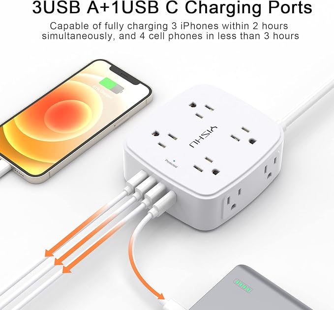 10 Ft Surge Protector Power Strip - YISHU 3 Side Outlet Extender with 8 Widely AC Outlets and 4 USB Ports, 10 Feet Extension Cord with Flat Plug, Wall Mount Desk USB Charging Station, ETL,White