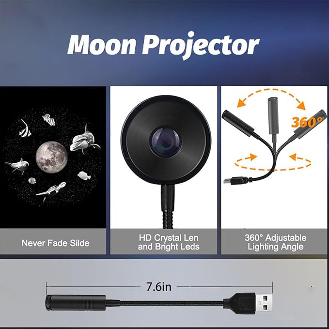 USB Power Moon Projector Night Light with Dolphins and Whales Flying Around,Angle Bendable and Image Clearness Adjustable Moon Atmosphere Projector, Christmas Birthday Gift