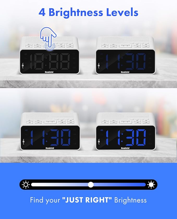 Homicial Digital Alarm Clock Radio with AM/FM Radio, Multi-Colors 1.4” LED Digits, Preset, Sleep Timer and Clear Display with Dimmer for Bedroom Bedside, Outlet Powered with Battery Backup (White)