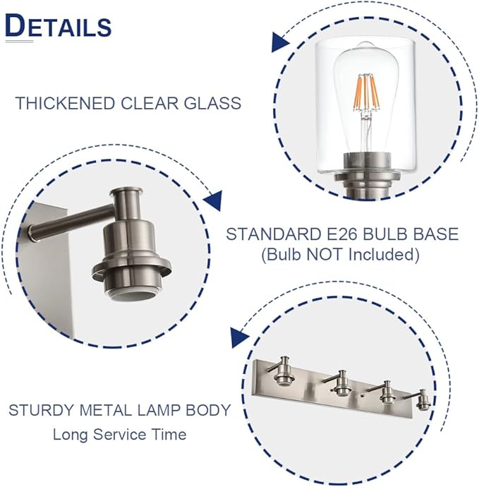 TODOLUZ 5-Light Vanity Light Fixture in Brushed Nickel, Clear Glass Bathroom Light Over Mirror, Modern Wall Sconce Lighting for Living Room