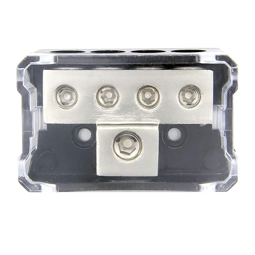 RKURCK 4 Way Power Distribution Block, 0/2/4 AWG Gauge in, 4/8/10 Gauge Out, Car Audio Stereo Amp Distribution Connecting Block for Audio Splitter (1 in 4 Out)