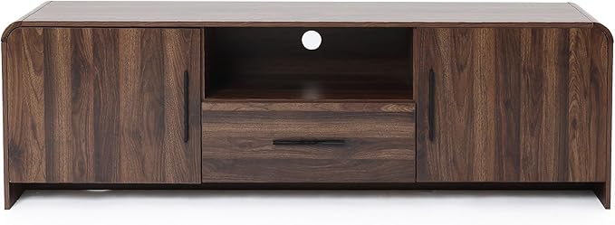LuxenHome 70" Mid-Century Modern TV Stand for TVs up to 75", Walnut Finish TV Stand with Rounded Corners, Entertainment Center Console with 2 Doors & 1 Drawer for Living Room, Bedroom