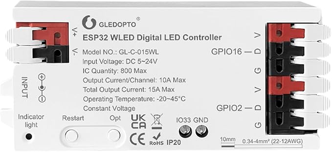 Sogledwow ESP32 WLED LED Strip Controller Dynamic RGB IC IO33 DIY Port App Control Easy Wiring Terminal for WS2811 WS2812 SK6812 TM1814 WS2813 WS2815 FCOB Addressable Strip Light