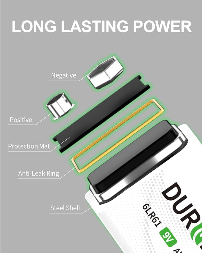 DURNERGY 9 Volt Battery, 9V Batteries 24 Pack, Smoke Detector Battery 9V 6LR61 Battery Square Batteries 9V Alkaline Batteries