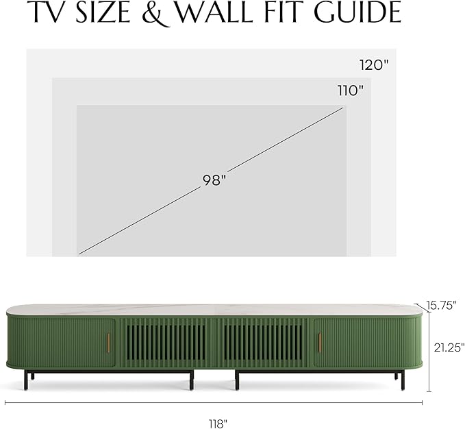 POVISON Fully-Assembled Modern Green TV Stand with Tambour Doors, Fluted TV Media Console for 100 Inch TVs, Sliding Door Entertainment Center with Storage for Living Room (Green, 118.11")