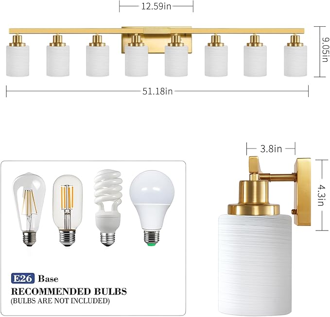 DIKAIDA 52inch Gold Bathroom Light Fixtures, Modern Bathroom Vanity Light with Milky White Glass Shade, Gold Wall Lamp Sconces for Mirror Bedroom, Living Room Hallway