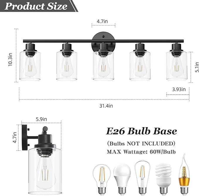 Guliaofo 5-Light Black Bathroom Vanity Lights, E26 Modern Bathroom Light Fixtures with Clear Glass Shade, Mirror Kitchen Hallway Cabinet Living Room Sconces Wall Lights