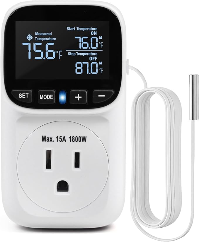 ZILLSEA Digital Temperature Controller, Heating & Cooling Thermostat Plug Outlet, –40°F~210°F, 15A 1800W, LCD Display, Temperature Controlled Outlet for Home, Greenhouse, Chicken Coop, Reptile