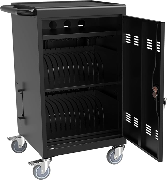 OFLILAK 30-Device Mobile Charging Cart with Charging Power Strip and Front and Rear Access Locks, Cable Management, Up to 17"", Safe Charging Cabinet for Ipads, Chromebooks, Tablets, Laptops Black