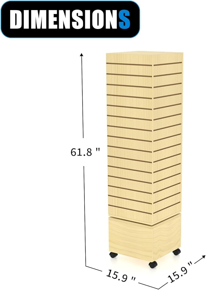 16" W * 16" D * 62" H - Maple Slatwall Tower, Four Panel Slatwall Retail Fixture, Rotating Retail Display Rack