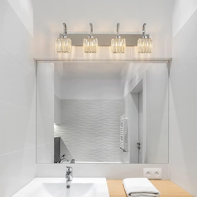 FDPBY Crystal Vanity Lights 4-Light Chrome Bathroom Vanity Lights Modern Crystal Bathroom Light Fixtures Over Mirror 32.67" Long Vanity Light for Bathroom