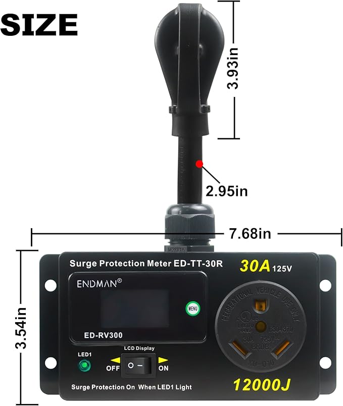 ENDMAN RV 30 Amp Surge Protector with Power Meter (kWh) - 12,000 Joules High Surge Guard - Real-Time Voltage & Amp Monitor for Travel Trailers (NEMA TT-30P)