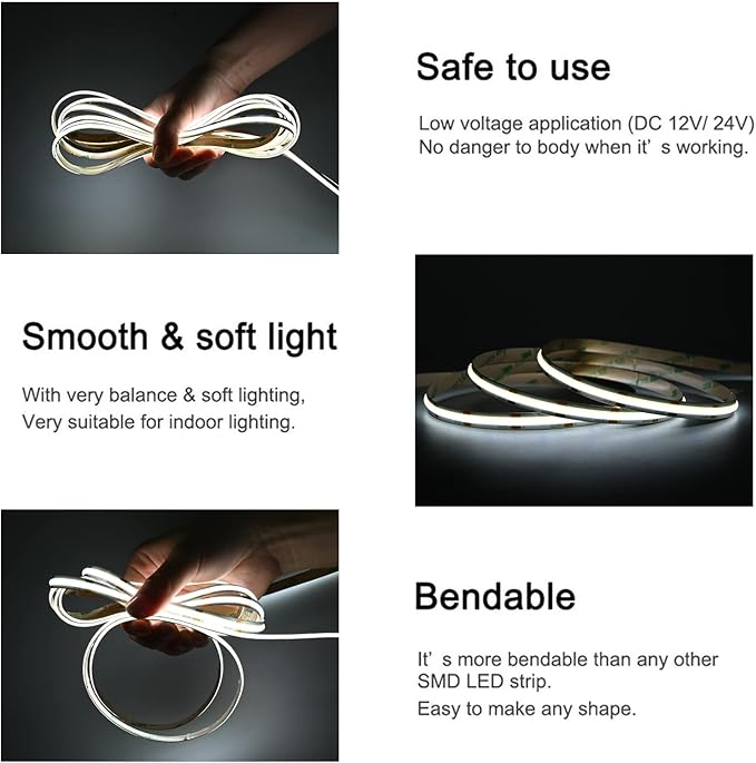 TUNICHX COB LED Strip Lights DC 12V LED Strip Flexible Super Bright LED Strips,16.4ft 6500K White,CRI 90+,2400LEDs High Density Uniform Light for Bedroom Home Room Decor (No Adapter or Controller)