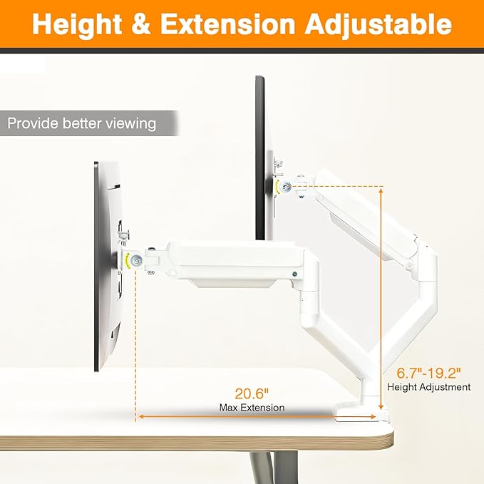 XEVKZO Dual Monitor Arms, Gas Spring Monitor Arms for 2 Monitors up to 34" Curved/Flat, 22lbs per Arm, VESA Mount 75x75 100x100mm, C-Clamp & Grommet Base, Adjustable Tilt/Swivel/Rotation White
