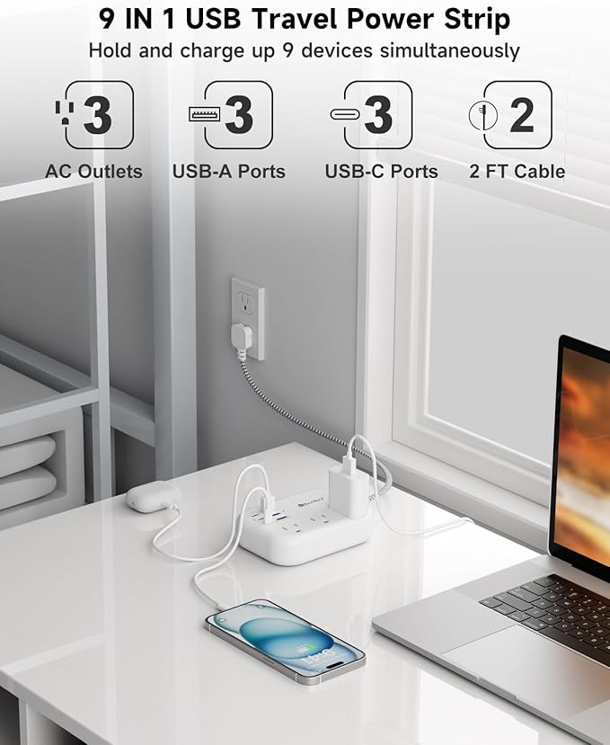 Beeiker Short Extension Cord 2 Foot- 6 USB(3 USB C) Travel Power Strip with 24W USB Charging Station and 3 Outlets, 2ft Small Flat Plug Extension Cord Surge Protector for Travel Home College Dorm 13A