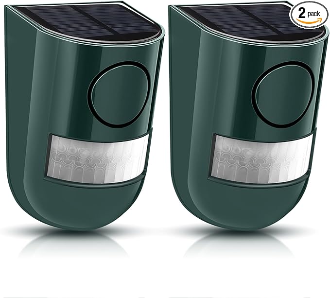 Qualirey 2 Pack Solar Sound and Light Alarm Motion Sensor 129db Outdoor Security Siren Waterproof Motion Activated Detector Alarm 6 LEDs Flash Warning Strobe System for Home, Farm (Green)