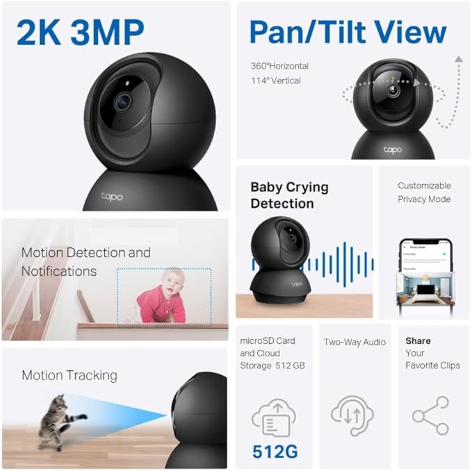 Tapo 2K Indoor Pan/Tilt Wired Security Camera - Works as a Baby Monitor & Pet Camera, Motion Detection, 2-Way Audio, Siren, Night Vision, Subscription-Free Local Storage or Optional Cloud, Black, C211