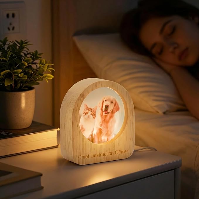 Yijhpbc Custom 3D Crystal Photo Night Light Personalized Photo Crystal Ball Engraved Picture Lamp with Wood Base Memorial Gift for Pets Family Couple Birthday Valentine's Day (Style 4)