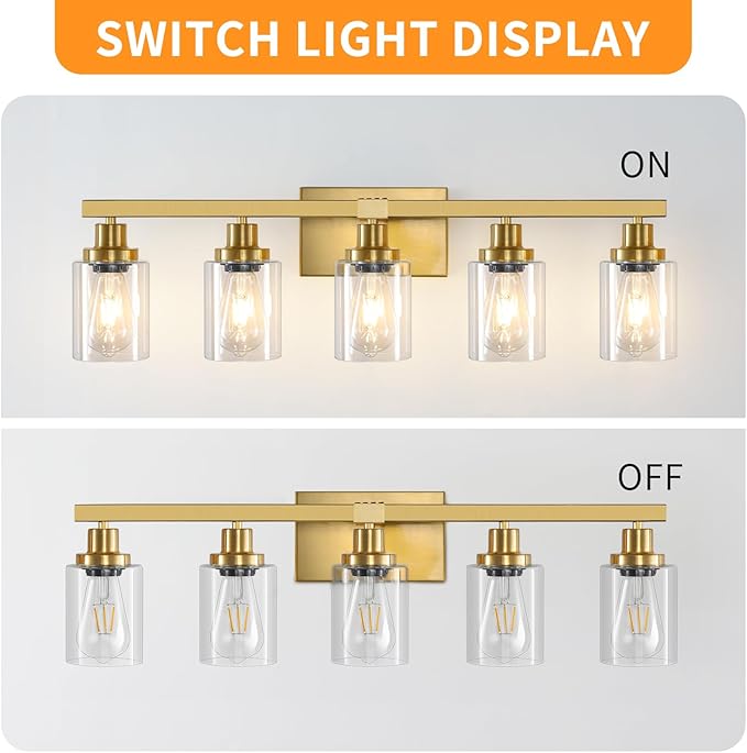 DIKAIDA 5 Light Gold Bathroom Vanity Light, Bathroom Light Fixtures, 31" Modern Brushed Gold Vanity Lighting Fixtures for Bathroom Over Mirror, Gold Sconces Wall Lighting for Bedroom