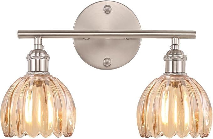 Shenmoyl Bathroom Light Fixtures, 2-Light Vanity Wall Light Over Mirror with Amber Tulip Glass Shade for Bedroom Living Room (Bulb Not Included), Satin Nickel