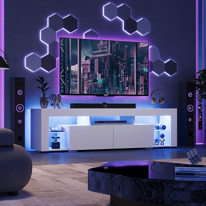 WLIVE TV Stand for 65 to 70 Inch TV, Modern Entertainment Center with LED Lights & 2 Large Storage Drawers, Wood TV Console for Living Room, Bedroom(White)