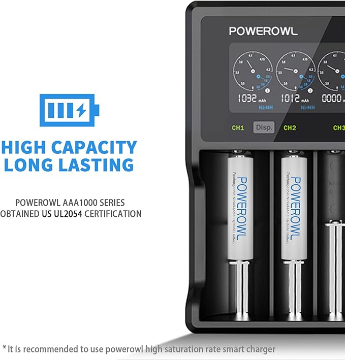 POWEROWL AAA Rechargeable Batteries High Capacity, Low Self Discharge HR03 Battery 1000mAh 1.2V NiMH, 16 Pack