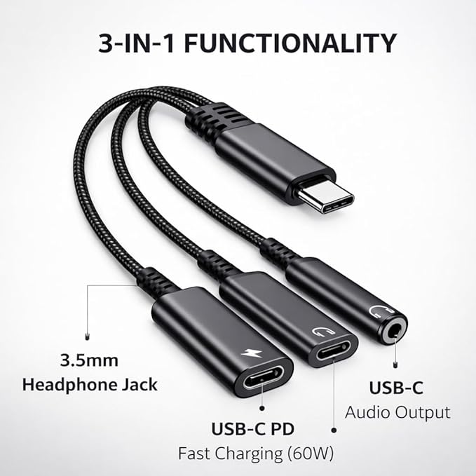 Mizi USB-C Headphone and Charging Adapter 3-in-1 – Type-C to 3.5mm Audio Jack + USB-C PD Charging + Type-C Audio Splitter, Compatible with iPhone, iPad, Samsung Galaxy, Pixel, and More – Black