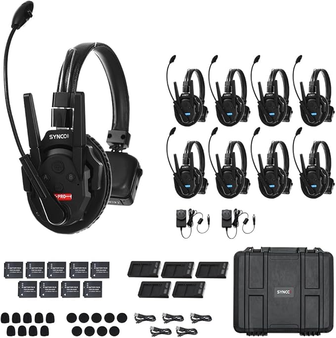 SYNCO XTALK XPro9 Wireless Intercom Headset System 2.4 GHz 1640FT/500M Long Distance Range Full Duplex for 9 Person Communication with Noise Cancellation for Live Show Stage Performance Movie Shoot