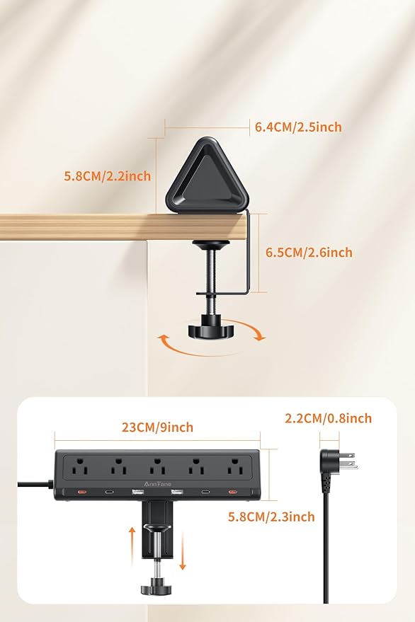 6.5 FT Desk Clamp Power Strip with 5 AC Outlets & 6 USB Ports PD 40W USB-C Fast Charging, 1250J Surge Protector, Fits 2.1 in top Edge Black