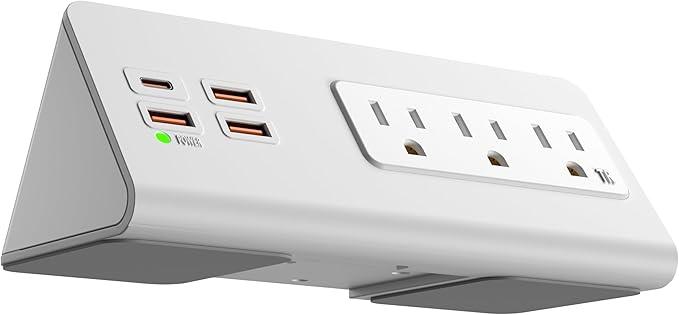Upgraded Version Edge Mount Power Strip with USB-C Ports Tabletop Surge Protector Desk Clamp Power Sockets with 3 AC Outlets &4 Fast Charging USB Ports for Home Office Hotel Dormitory (White- 1pack)