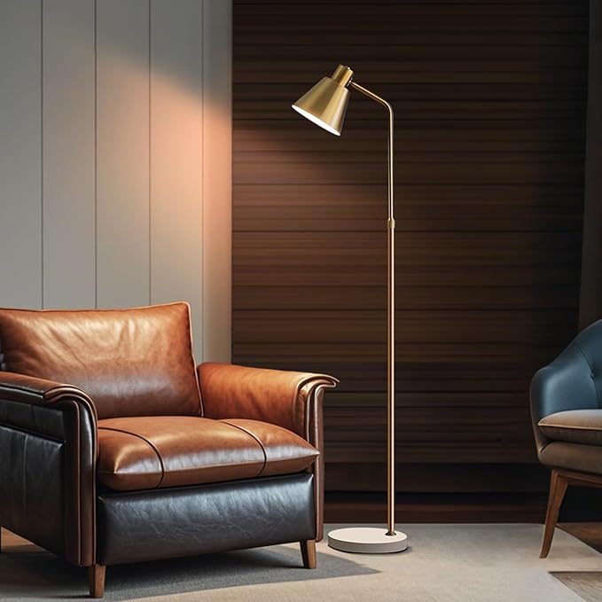 Gold Brass Industrial Floor Lamps with Bright 12W LED Bulb Adjustable 3 Colors, Living Room Sofa Corner Bedroom Bedside Office Study Reading Standing Tall Lights, Unique Modern Home Decor Essentials