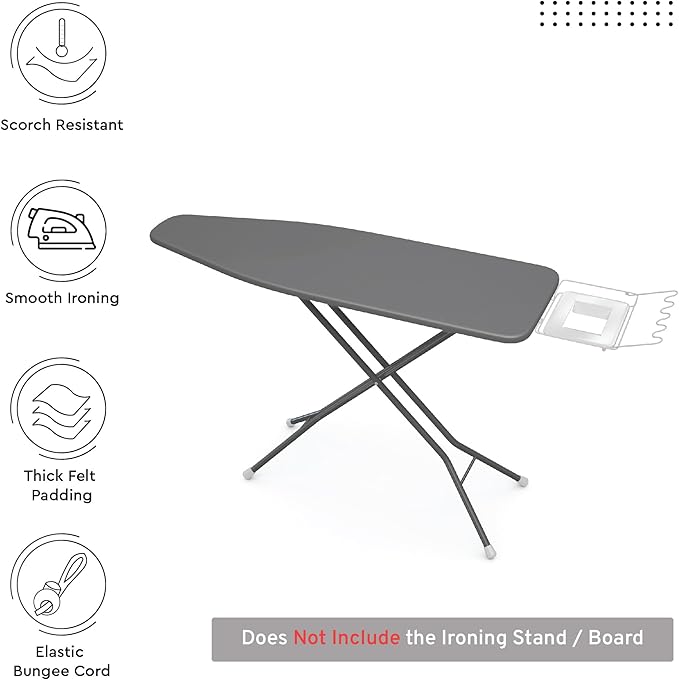 Encasa XO Ironing Board Cover and Pad 54"x15" - 4mm Felt Large Iron Board Cover with Padding - Heat Resistant, Stain-Safe Dye, Non Slip Elastic Bungee Cord Tightening Iron Table Cover Grey