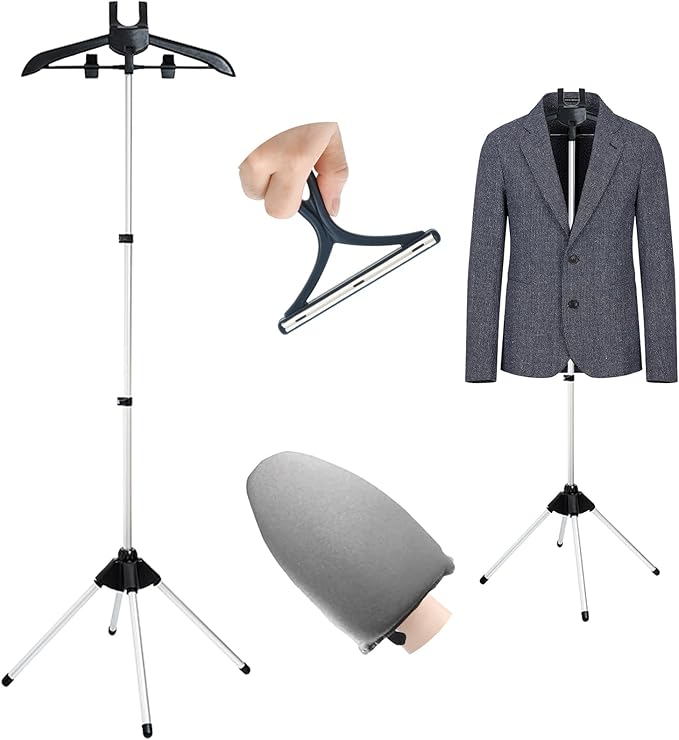 FujDun Garment Steamer Stand for Clothes - Steam Rack & Stand - Grey Ironing Gloves, Handheld Steamer Hanger - Adjustable Handheld Ironing Clothes Hanger - Universal Steam Iron Accessory Holder