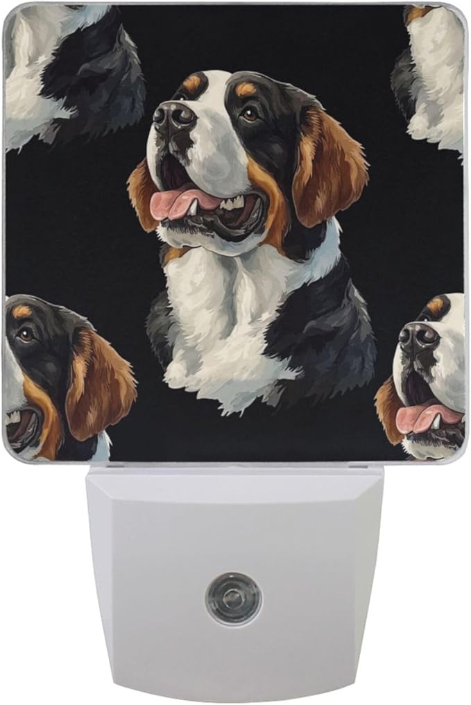 Pigsaly Led Night Light Watercolor Cute St Bernard Dogs Head Night Light Plug in Wall Lamp Smart Dusk to Dawn Sensor Nightlight Led Lamp Energy Saving Lights Gift for Kids Room Bedroom Bathroom Hallw