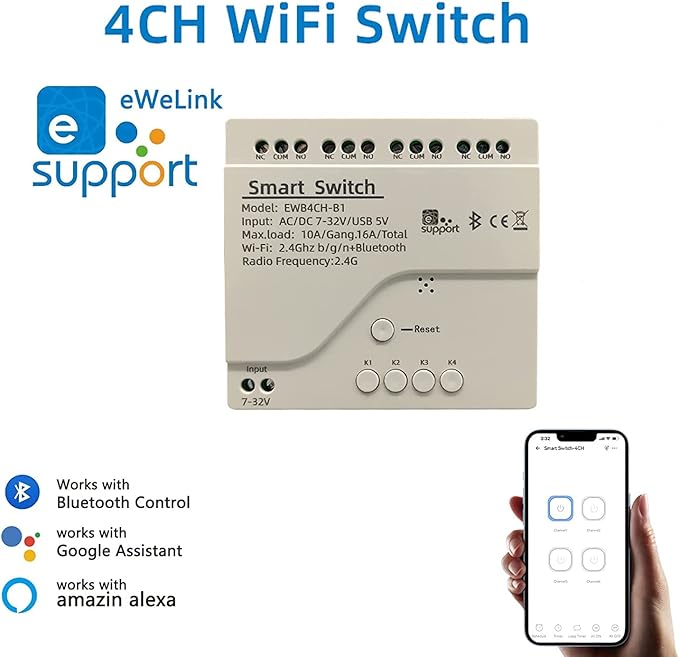 Newgoal 4 Channel Smart Switch, Momentan/Locking WiFi Relay, eWeLink App Bluetooth Control Switch, DIY Smart Home, Compatible with Alexa Google Home