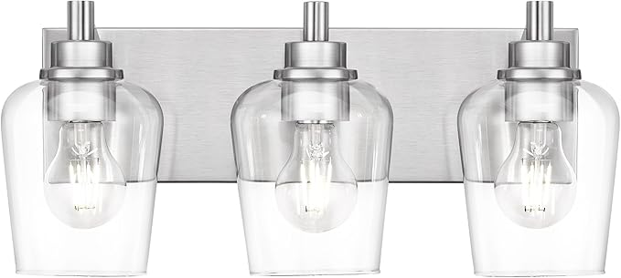 METWET Bathroom Light Fixtures, 3-Light Modern Vanity Light with Clear Glass Wine Glass-Shaped Shade, Vanity Lighting Fixtures Over Mirror, Brushed Nickel, VL155-BN-3