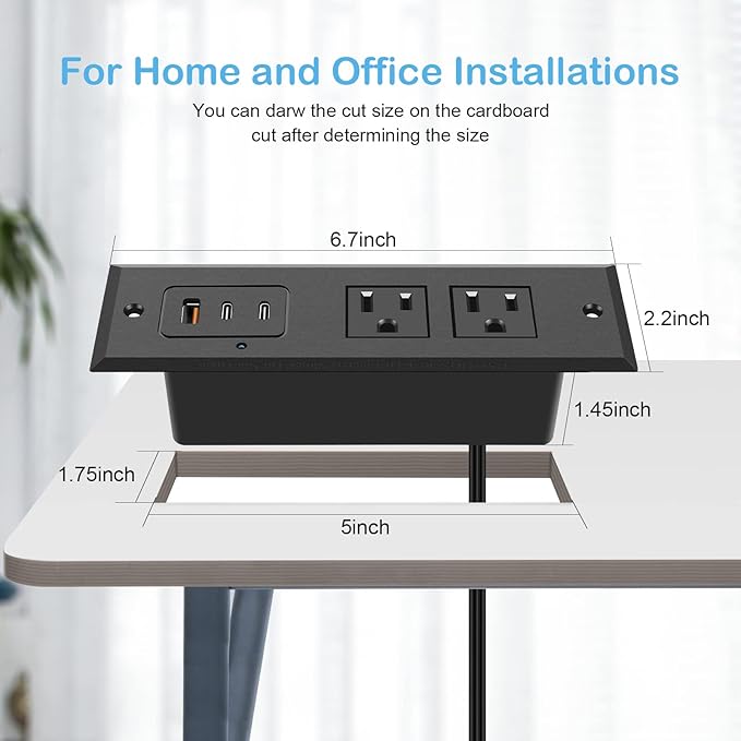 CCCEI Recessed Power Strip with 45W USB-C Ports, Fast Charging USB A Port Desk Outlet, Black Furniture Hidden Charging Station for Side Table, End Table, with 10FT 45 Degree Flat Plug Extension Cord.