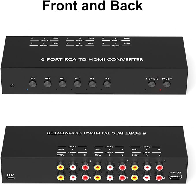 RuiPuo 6Port AV to HDMI Converter RCA/Composite/CVBS Adapter Support 16:9/4:3 Switch for Wii/N64/PS1/PS2/PS3/VHS/VCR/DVD Players etc (6Port RCA in to 1 HDMI Converter with IR Remote)