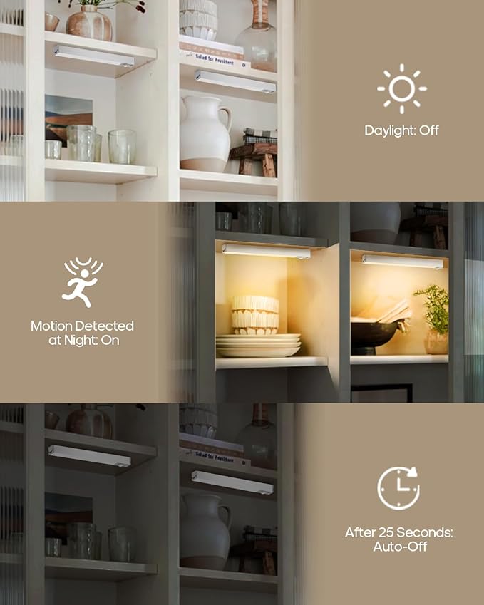 GOODEA Led Under Cabinet Lights Wireless, 7’’ Rechargeable Motion Sensor Light Indoor, Dimmable Closet Lights for Cabinets, Bookshelf, Stair, Hallway Warm White 3 pcs