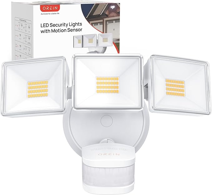 OREiN 10000LM Super Bright LED Flood Light Outdoor, Hardwired Motion Sensor Floodlight, 180°/75FT Detection, 4 Lighting Modes, IP65 Waterproof, Covers 8,000 sq.ft, Patio, Driveway, Backyard, Garage