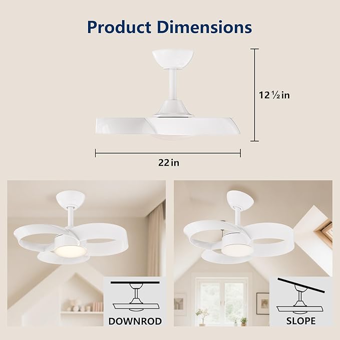 FANX 22 Inch Ceiling Fan with Light and Remote, Quiet DC Motor, Dimmable LED, Reversible 3-Speed Control, Easy Installation Flush Mount Fan for Small Rooms (White)