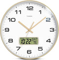 TIMESS Wall Clock, 13" Dial Non-Ticking Silent Battery Operated Analog with LCD Display for Perpetual Calendar and F° Temperature, Ideal Modern Home, Bedroom, Kitchen, Office Decor (Gold)
