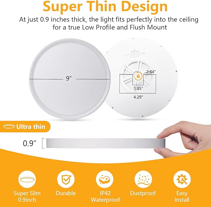 RLEDPZTX Led Flush Mount Ceiling Light,9 Inch 18w 1860lm,3000k/4000k/6000k 3CCT Selectable, Round Modern Flat Panel Super Slim Led Ceiling Light,for Living Dining Kitchen Bedroom Room (6Pack-White)