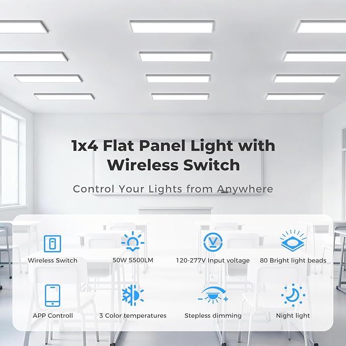 AIKVSXER 6 Pack 1x4 FT LED Flat Panel Light Surface Mount, with Wireless Switch & App Control, Night Mode, 50W 5500LM, 3000K/4000K/6500K, Ultra-Thin LED Light for Office Home,120-277V - White