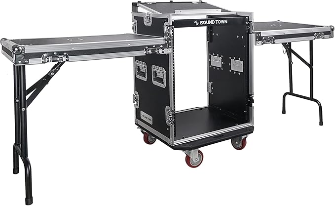 Sound Town Heavy-Duty 1/2" (12mm) Plywood 14U PA DJ Rack/Road ATA Case with 11U Slant Mixer Top, 20’’ Rackable Depth, 2 DJ Work Tables and Casters, 14-Space Size, Pro Tour Grade (STMR-14UWT2)