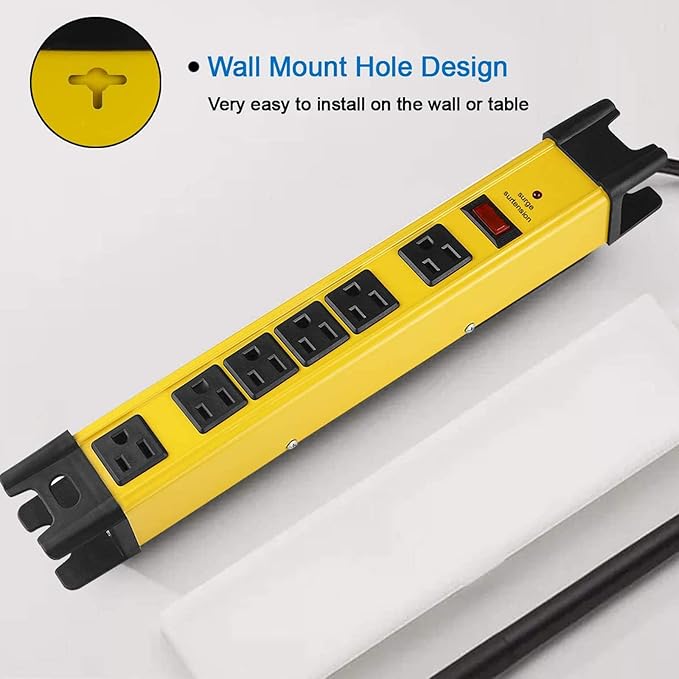 CCCEI Heavy Duty Power Strip Surge Protector with 15A, 6 Plug Industrial Shop Workshop Garden Metal Multiple Outlets, 10FT Extension Cord 1200 Joules ETL Listed, Yellow
