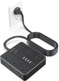 AOFO 15FT Surge Protector Power Strip,12 AC Outlets with 6 USB Ports (2 USB-C), Flat Plug Extension Cord with Multiple Outlets, Wall Mount for Home Office,Dorm, Black