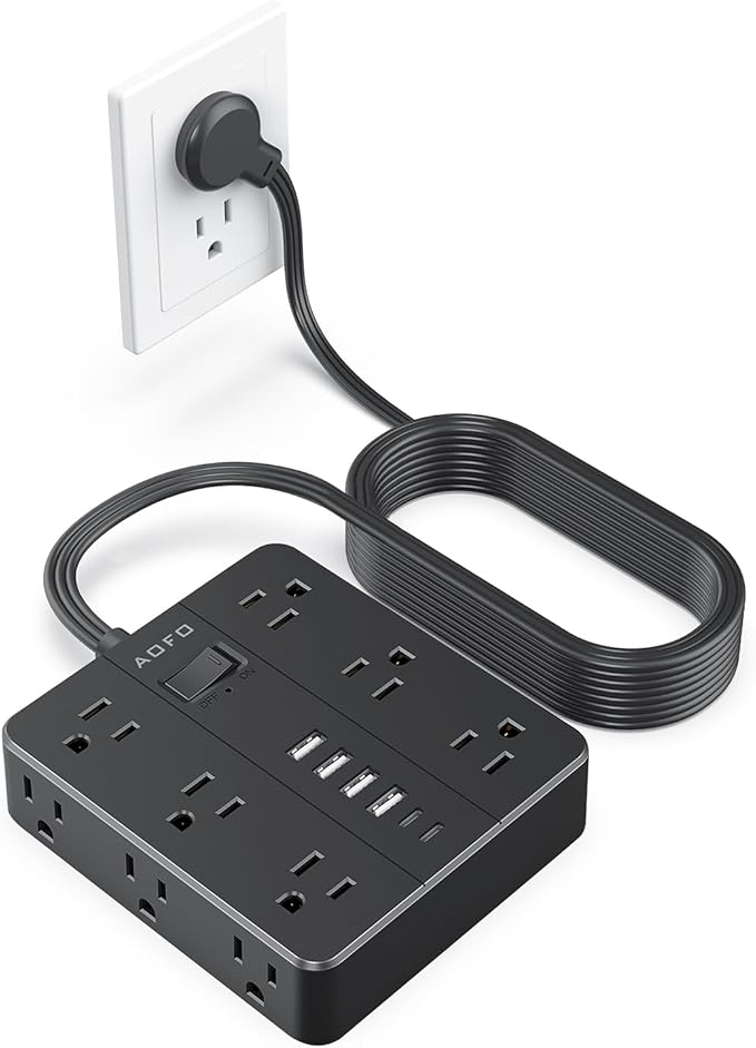 AOFO 15FT Surge Protector Power Strip,12 AC Outlets with 6 USB Ports (2 USB-C), Flat Plug Extension Cord with Multiple Outlets, Wall Mount for Home Office,Dorm, Black